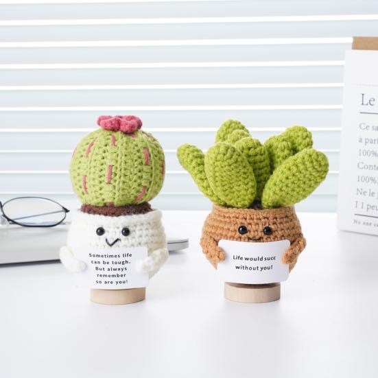 Positive Crochet Ball Cactus with Encouraging Card Emotional Support Handmade Knitting Potted Succulent Doll Toy Decoration Ornament
