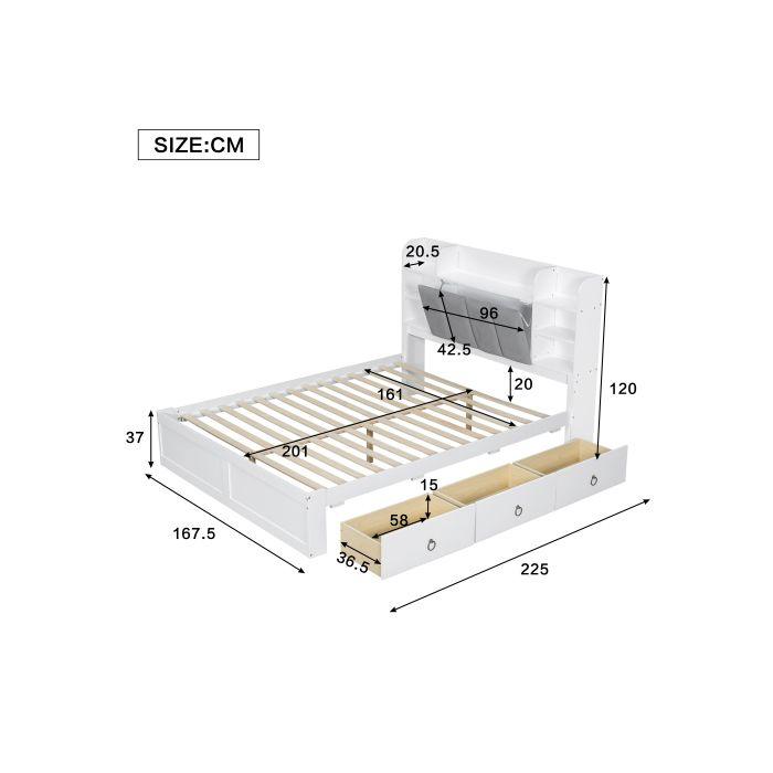 Lit double - MUVOE - 160x200 - Blanc + Gris - 3 tiroirs - Velours