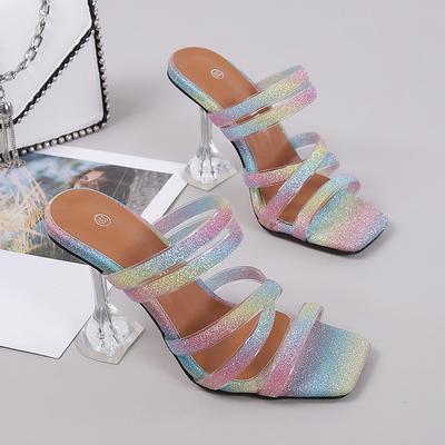 Модные летние босоножки из ПВХ с пайетками, блестящие туфли с открытым носком на высоком каблуке, женские шлепанцы, туфли-лодочки на каблуке 9 см, большой размер 43 44 45 46