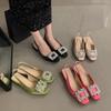 Fashion Fashion High Heel Sandals Thick Heeled Women's Summer New Square Button Rhinestone Fairy Style French Square Toe Single Shoes