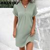 Женские модные летние весенние однотонные повседневные платья с v-образным вырезом и короткими рукавами и высокой талией