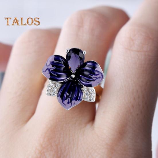 Женское кольцо 3D в форме цветка со стразами, декор из эмали, полированная медь, подарок на годовщину, свадьбу, банкет, коктейль, ювелирные изделия