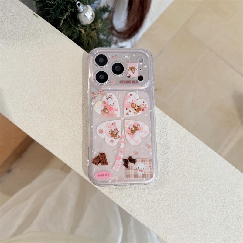 Kawaii Cartoon Bunny Bear Heart Glitter Clear Phone Case For iPhone 15 16 17 Pro Max INS Cute Large Window Shockproof Protective