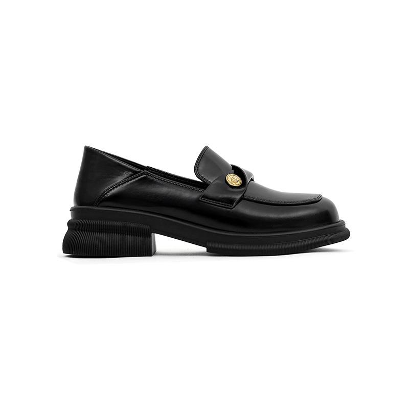 Cowhide Version~ Inside and Outside Genuine Leather Gold Coin Loafers Women's 2025 New Spring Lazy Thick Heel Black Small Leather Shoes