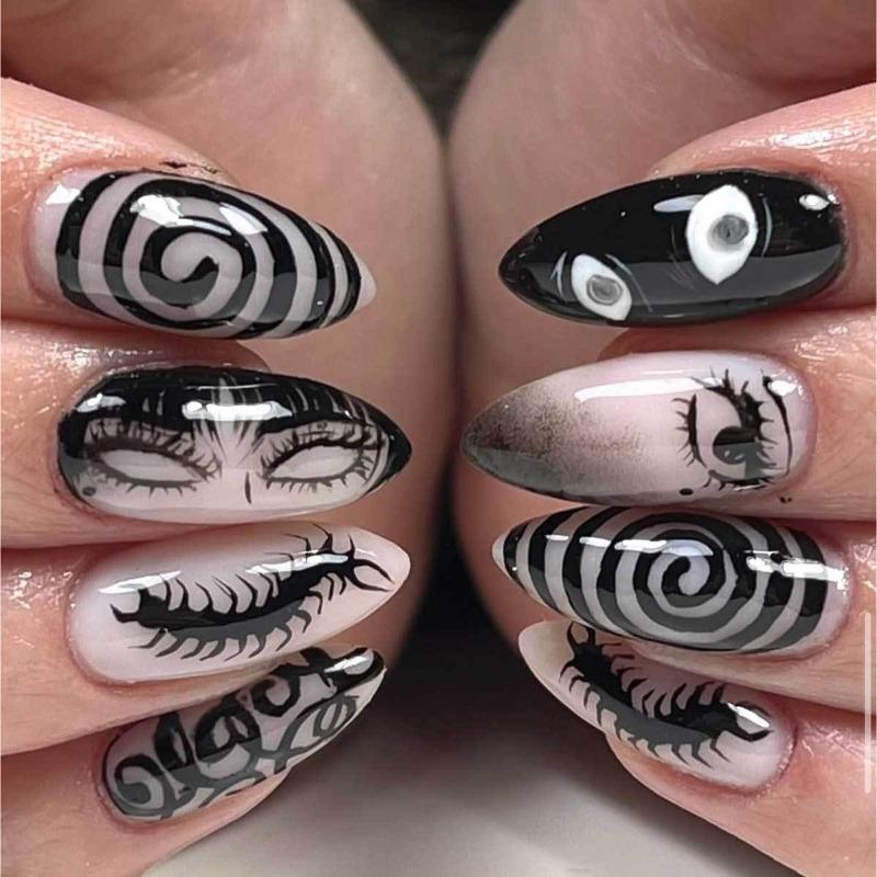 24PCS Dark Black Anime Nails Gothic Spiral Evil Eye Centipede Design Almond Press on Nails Horror Comic Gyaru Fake Nails Fashion