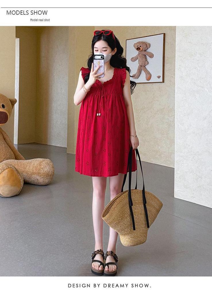 2026 Summer Sleeveless Maternity Doll Dress - Age-Reducing, Hollow Out, Loose Fit, Sweet Belly Covering Vest Design