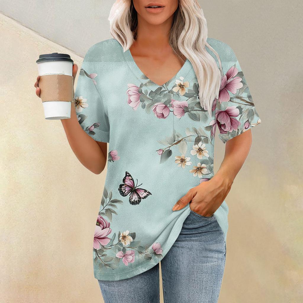 Women's Fashion Pocket V-neck Short Sleeve Plant Floral Print T-shirt Top
