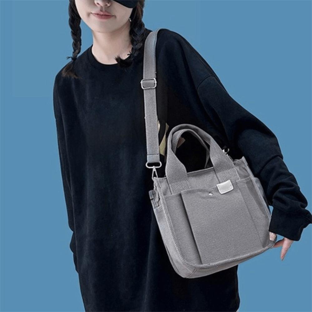 Multi-pocket Canvas Shoulder Bag Zipper Solid Color Tote Bag Japanese Style Crossbody Bag Shopping