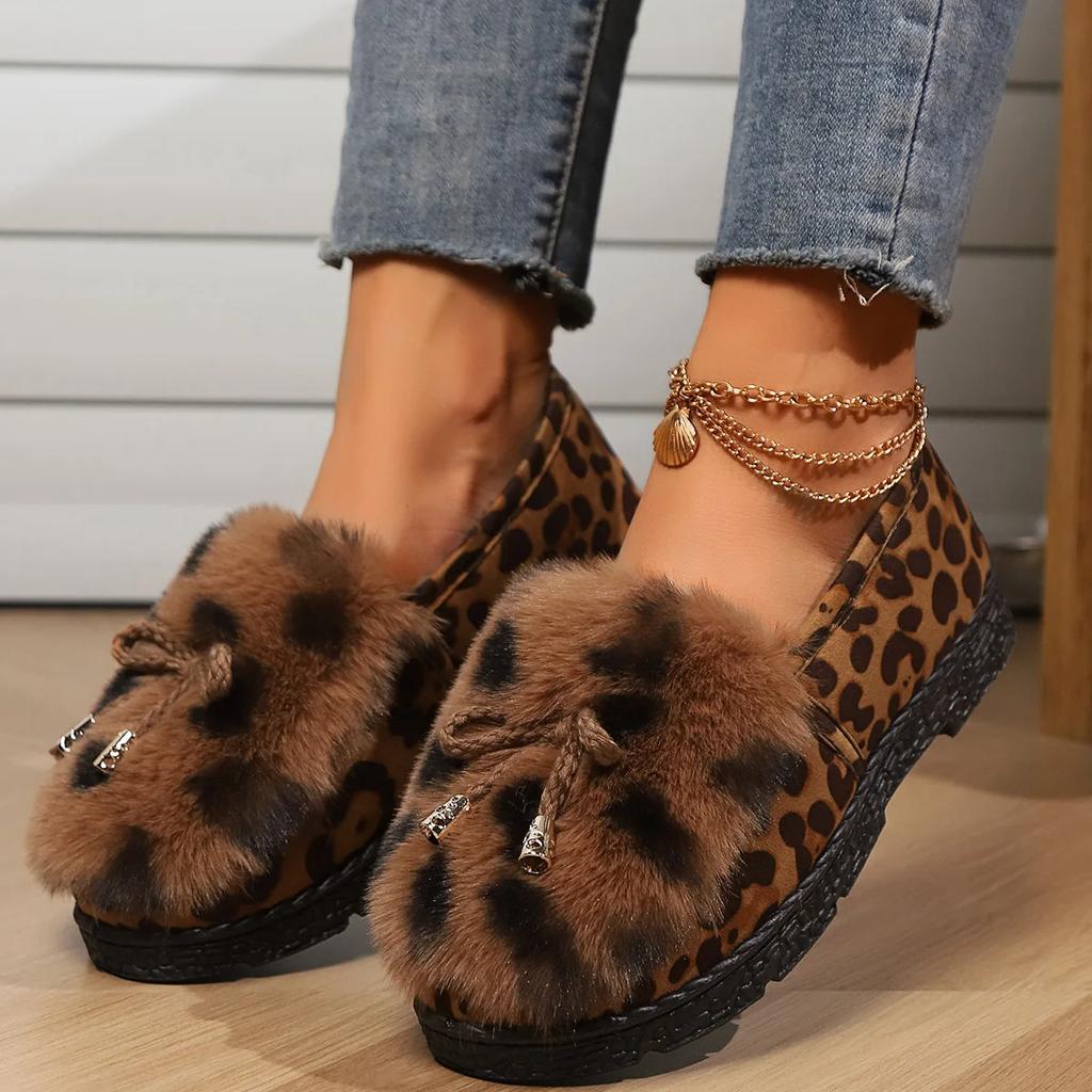 2025 New Women's Fluffy Fur Snow Boots Winter Leopard Print Flat Heels Thicken Plush Cotton Padded Shoes Female Warm Ankle Botas