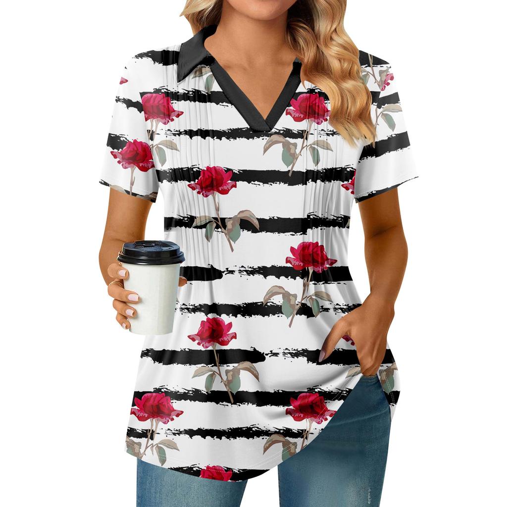 Женские футболки с коротким рукавом, плиссированные, с V-образным вырезом, с принтом, с воротником, летние топы, модные, деловые, повседневные, рабочие