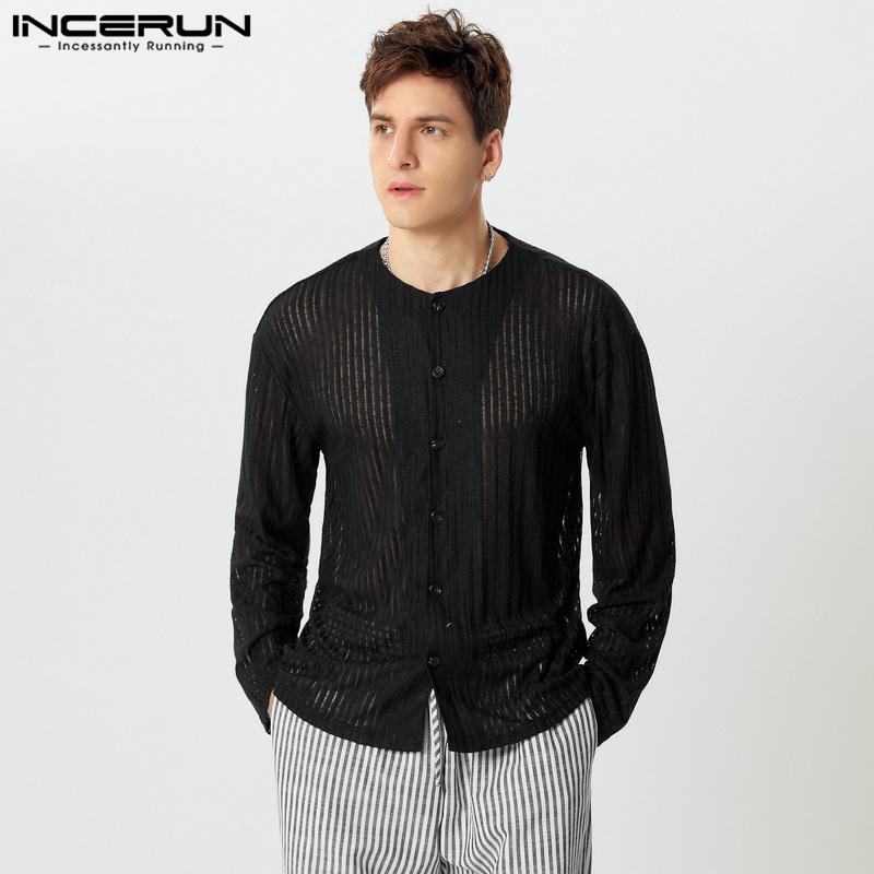 INCERUN Мужские рубашки без воротника, прозрачные, на пуговицах, повседневные, прозрачные топы