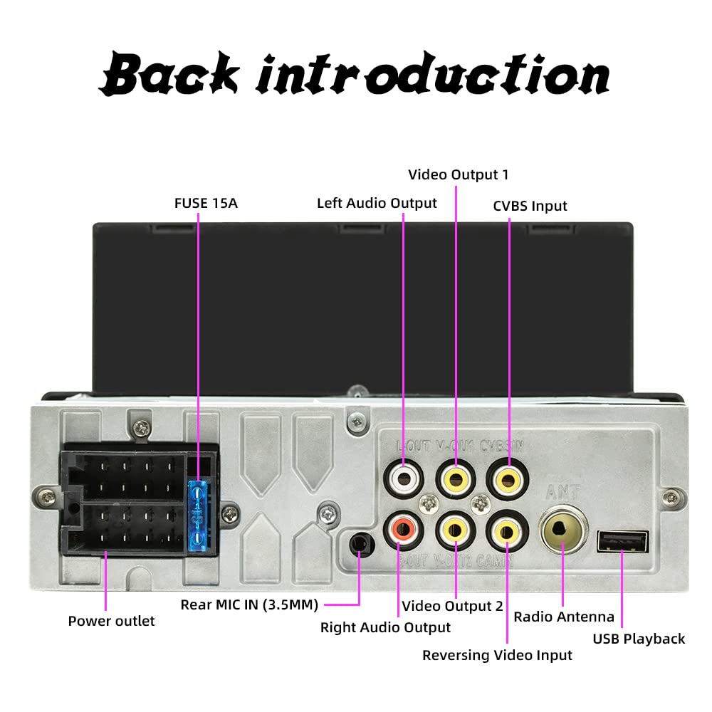 1Din Car Radio Android Auto/CarPlay Mirror Link 6.2" Touch Screen Bluetooth FM USB Colorful Lights Wince System