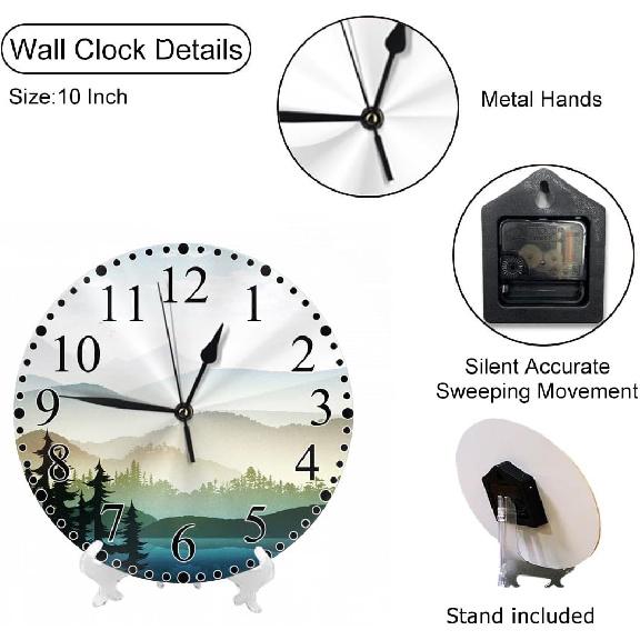 Nature Landscape Wall Clock Mountain and Lake Natures Hills, Tree in Rivers Clock 10 Inch Silent Non-Ticking Clocks Battery Operated for Home Living