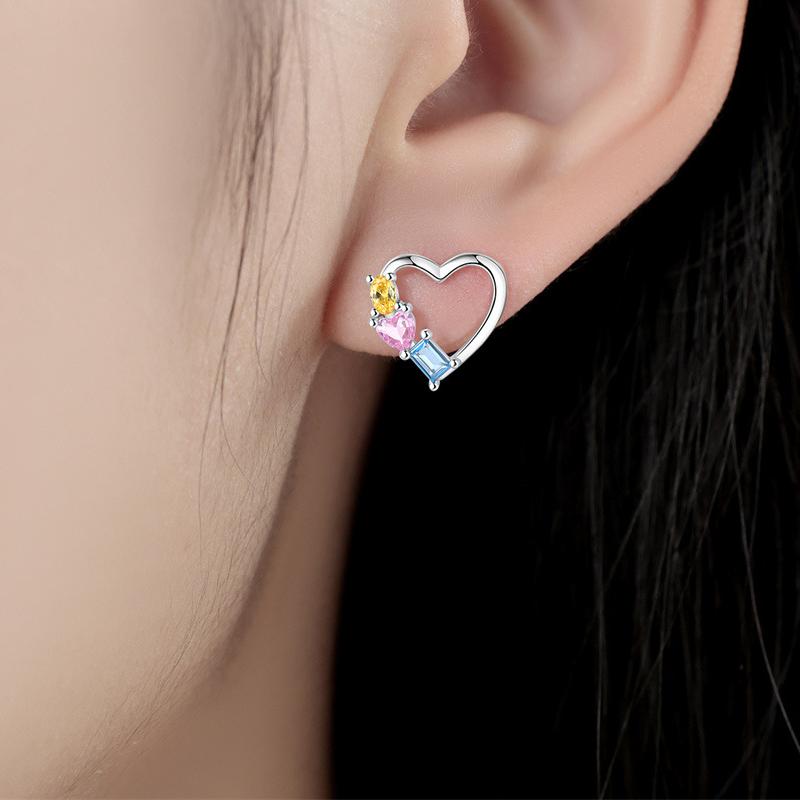 Barbie earrings [Pure Silver·Original Design] Hollow heart-shaped colorful zirconium earrings, elegant and high-end, ins style love ZJYES-YS-213