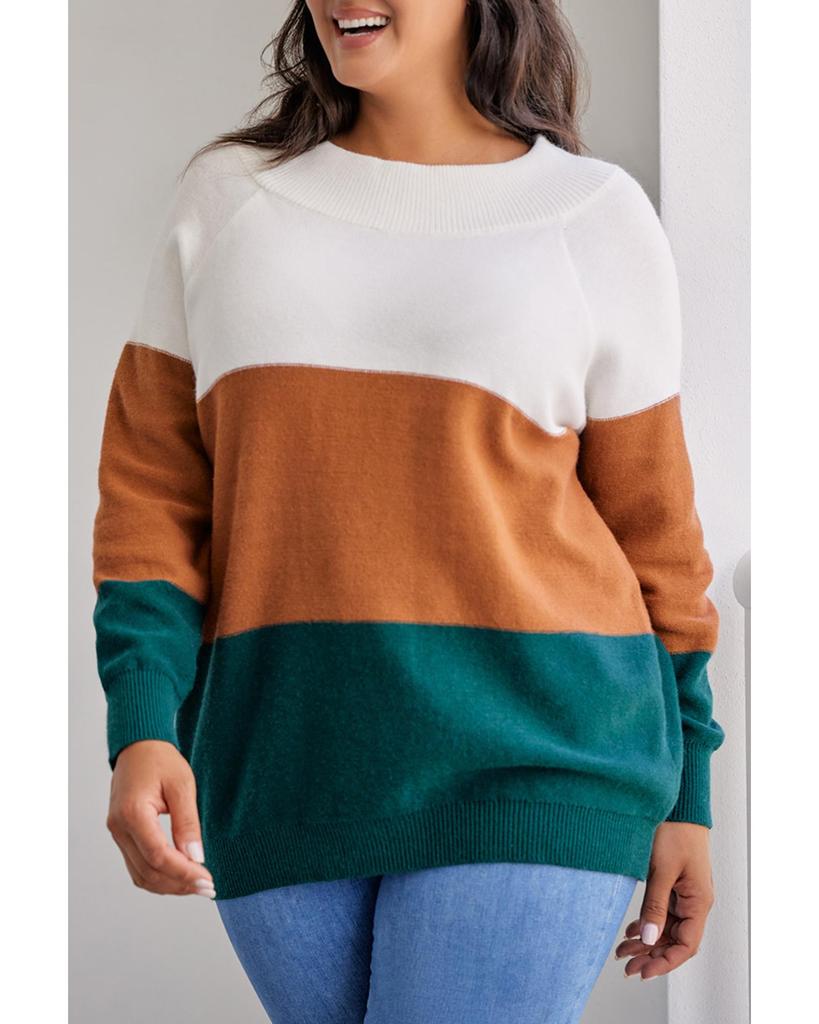 Azura Exchange Brown Plus Size Ribbed Trim Color Block Sweater