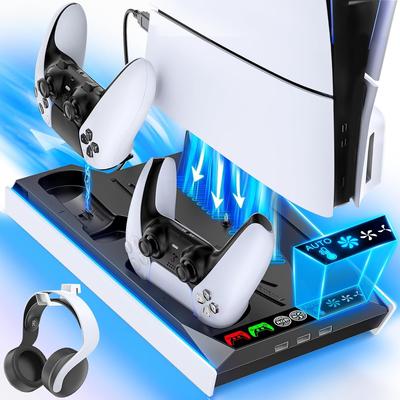 С PS5 PS5 Slim Вертикальная охлаждающая подставка с регулировкой скорости вентилятора Одновременная зарядка двух контроллеров PS5 с индикатором зарядки Совместимо с