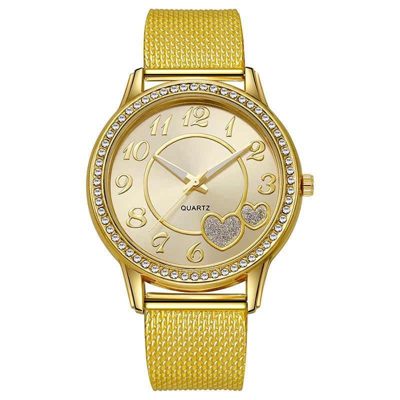 Rose Gold Peach Heart Mesh Quartz Watch with Diamond Inlay for Women