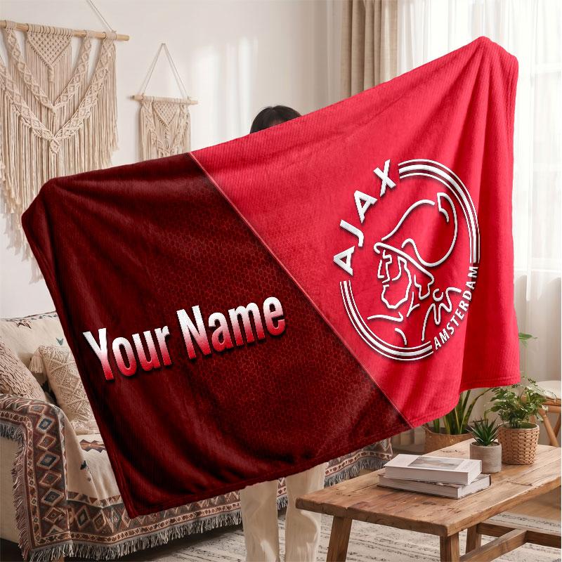 Ajax Amsterdam Personalized Fleece Blanket With Football Logo, Custom Name Text Soft Warm Home Throw Blanket