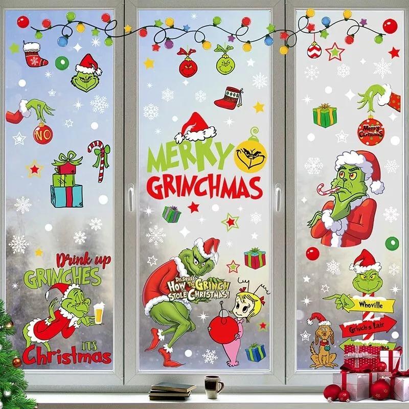 Рождественские наклейки Гринча на окна, рождественские художественные наклейки на стены, домашний магазин, декор