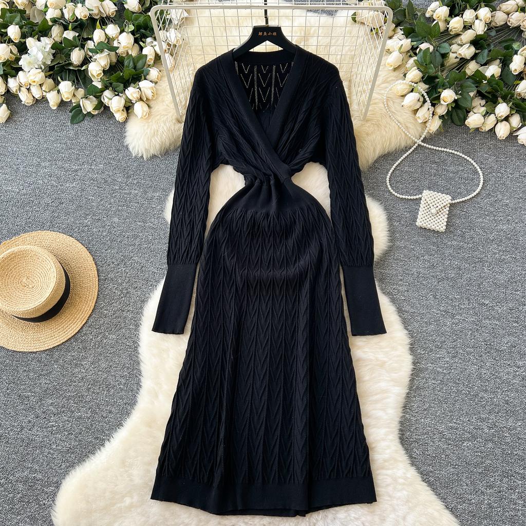 Autumn Winter Women Elegant V-neck Knitted Sweater Twist Pullover Dresses