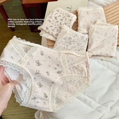 Женское весенне-осеннее кружевное хлопковое белье 10А класса с антибактериальной ластовицей средней посадки