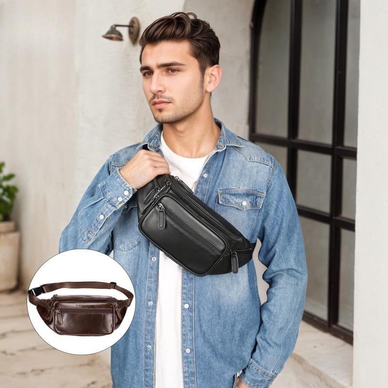 Cowhide Men's Bag Mobile Phone Waist Bag Genuine Leather Crossbody Bag Multi-functional Sports and Casual Crossbody Chest Bag
