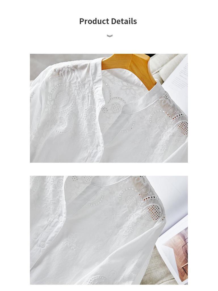Женская белая рубашка из чистого хлопка с вышивкой, V-образным вырезом и рукавами три четверти - Коллекция Весна/Лето 2025