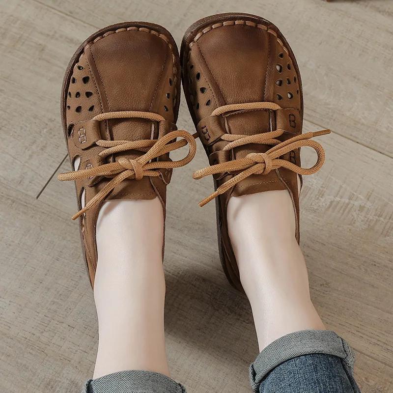 Fashion Cow Genuine Leather Soft Soled Hollow Sandals for Women Retro Casual Women Shoes Comfy Retro Wide Toe Thick Soled Women's Shoes