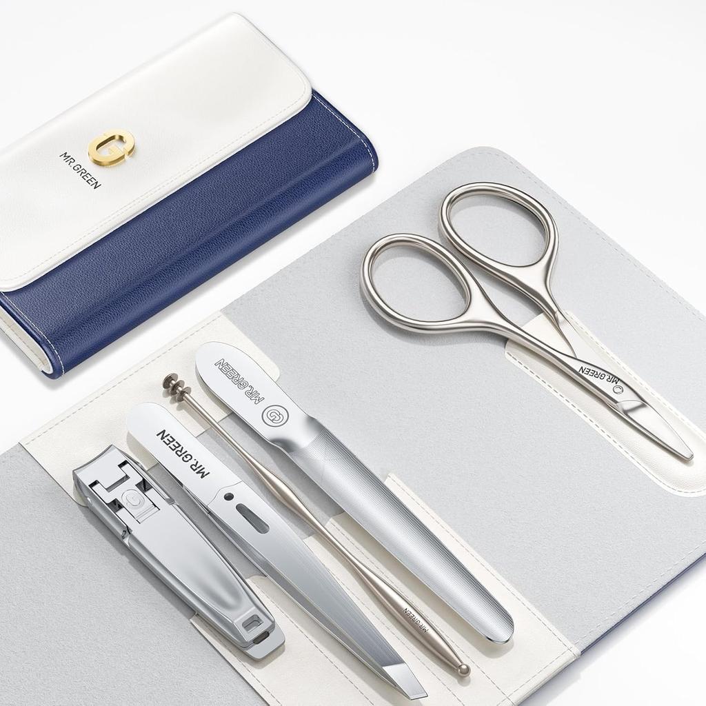 MR.GREEN Набор из 5 предметов для ухода за ногтями из нержавеющей стали: Ультратонкие складные кусачки для ногтей, пилочка для ногтей, пинцет для бровей, ушная палочка и триммер для носа