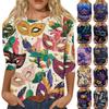 Women's Fashionable Casual Three-Quarter Sleeve Carnival Print Neck Top