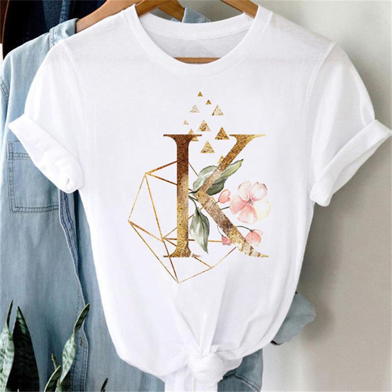 Custom Name Letter Combination Women T Shirt Floral Gold Letter Font A B C D Print Short Sleeve Tee Tops Female T-shirt Clothes