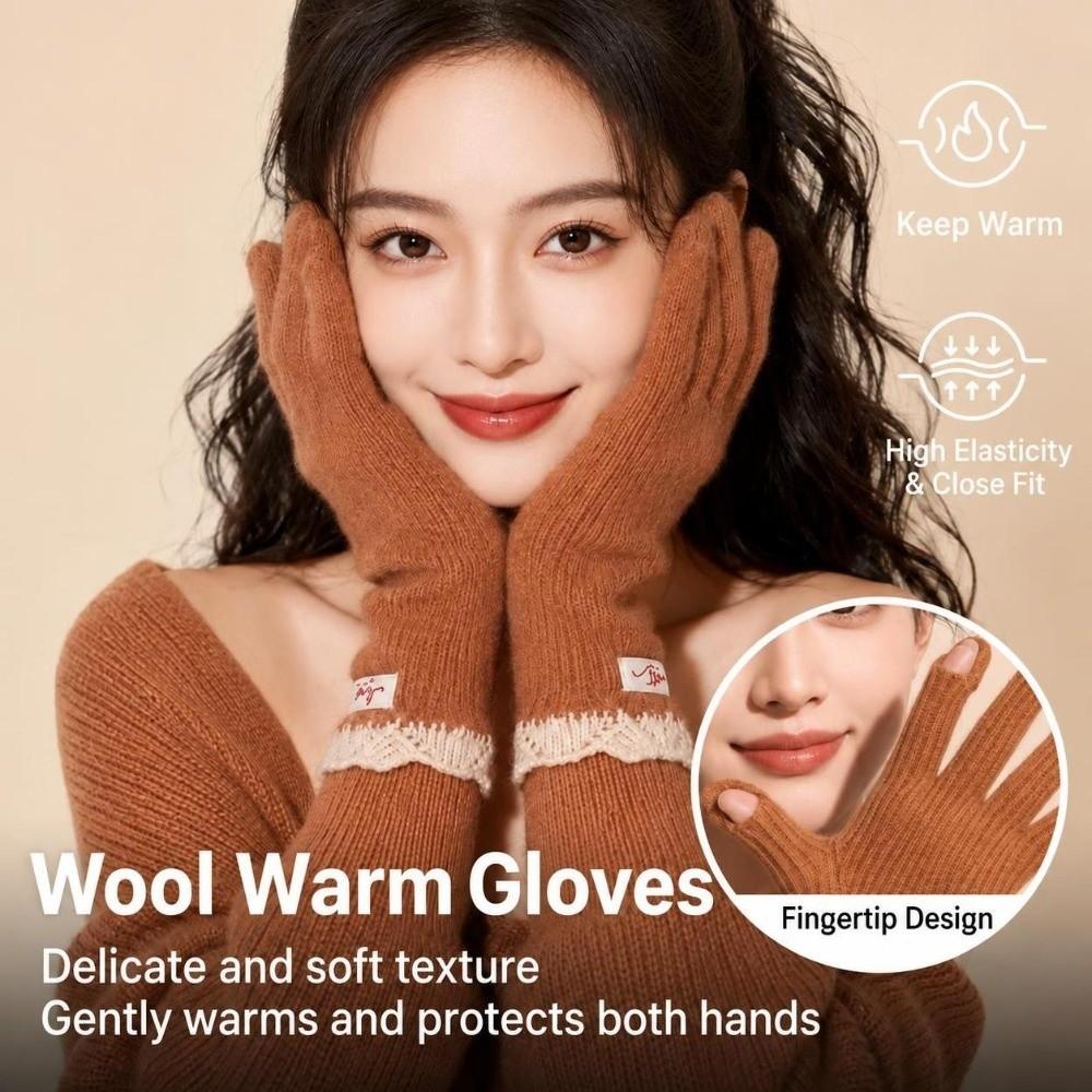 Lace Cuff Open Tip Touch Screen Gloves Warm Winter Long Knitted Gloves Wool Blend Gloves For Women
