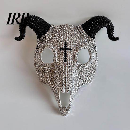 Unique Skull Costume Mask Halloween Rhinestone Full Face Mask, Black White Ram Horn Handmade Masquerade Sparkly Crystal Glitter Party for Adults