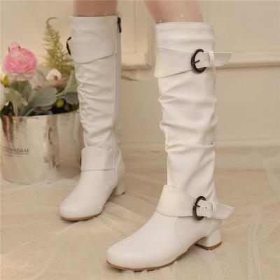 Классические женские ботфорты до колена, ремешок на щиколотке, пряжка, круглый носок, блочный каблук, размеры 34-48, плиссированные модные ботильоны, осень-зима, новинка