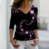 Women Autumn Floral Purple Flower String Printed Long Sleeve T-Shirts Loose V-Neck Plus Size Tee Shirt Tops Comfy Blouse