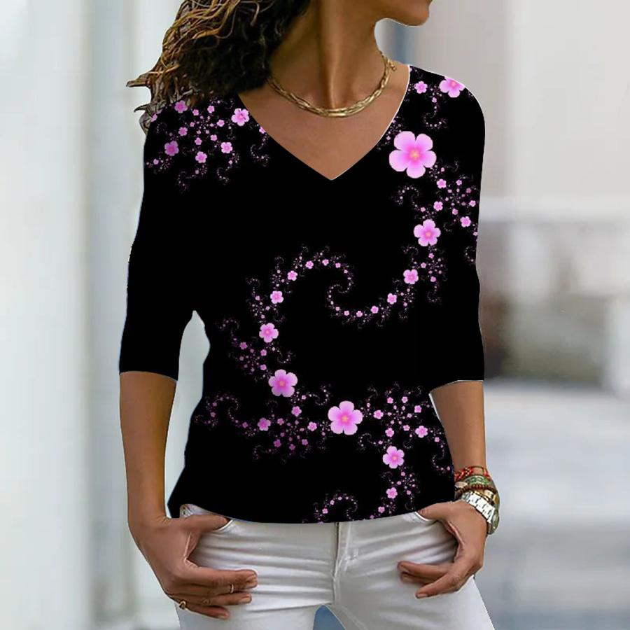 Women Autumn Floral Purple Flower String Printed Long Sleeve T-Shirts Loose V-Neck Plus Size Tee Shirt Tops Comfy Blouse
