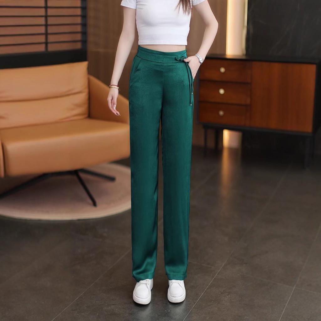 Брюки палаццо для женщин на лето из прохладного ледяного шелка, прямые брюки, новый китайский стиль, брюки с принтом на пуговицах