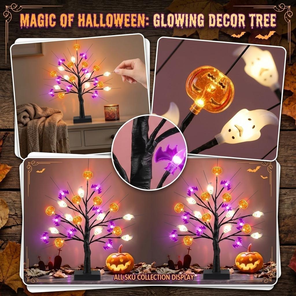 Светодиодная Halloween-елка с подсветкой, декорация для дома, работает от батареек, настольное Halloween-украшение в виде тыквы, призрака и летучей мыши для дома
