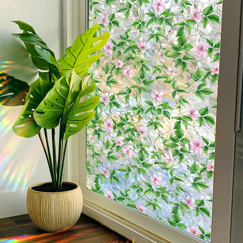 1 Sheet Glass Window Film Double-sided Viewing Stained Removable Glass Sticker Colorful Flower & Vine Window Stickers PVC