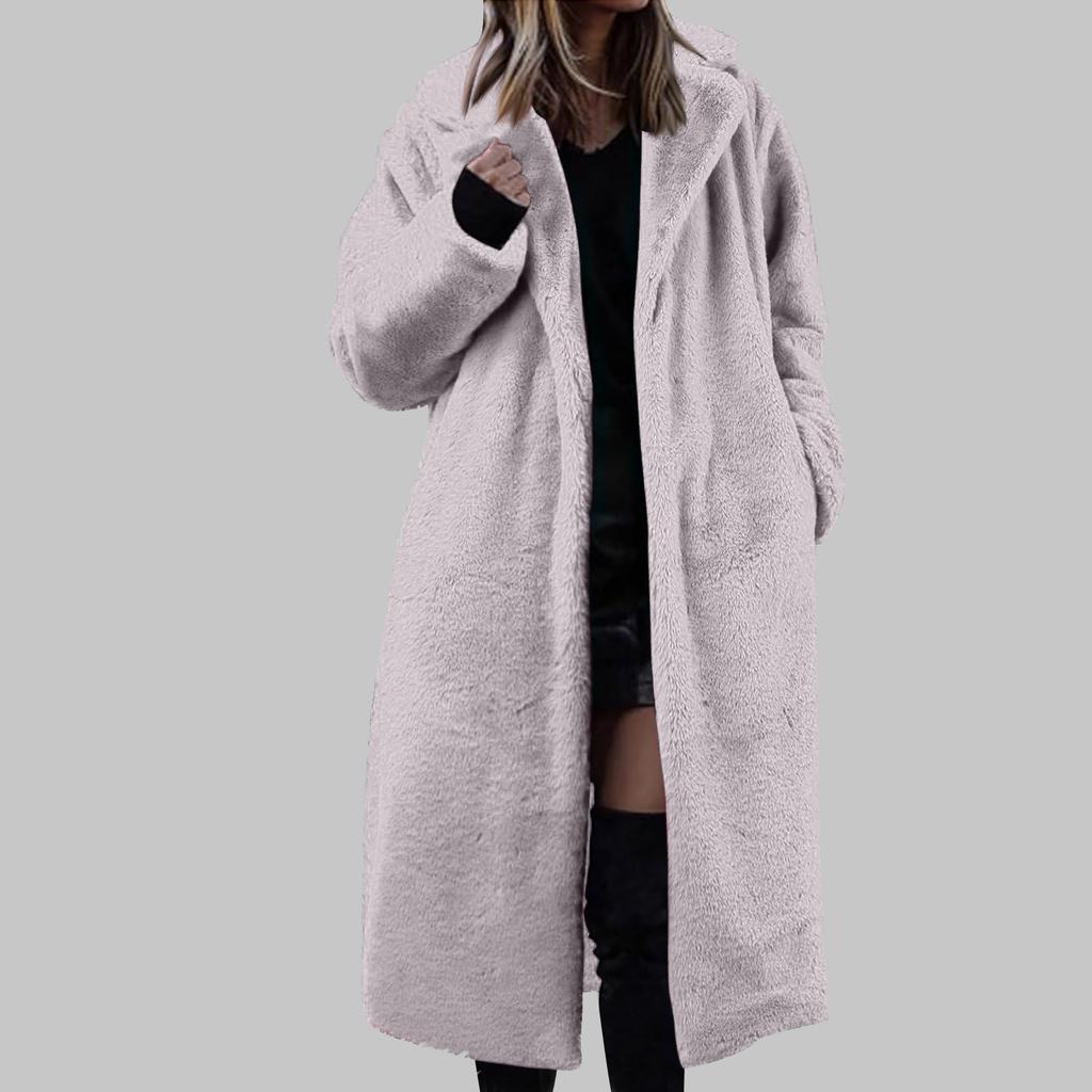 Women's Long Solid Color Fashionable Winter Loose Flip Collar Plush Jacket