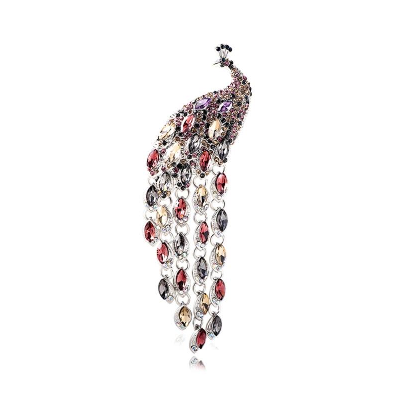 Elegant Long Tail Crystal Peacocks Brooch Party Jewelry Elegant Corsage Pin Alloy Texture Perfect for Wedding and Evening