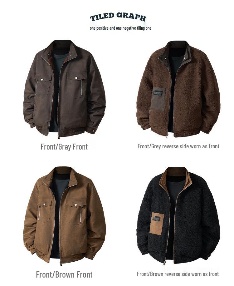 CO8000 Men's Versatile Lambswool Reversible Jacket with Patch Label, Casual Long Sleeve.