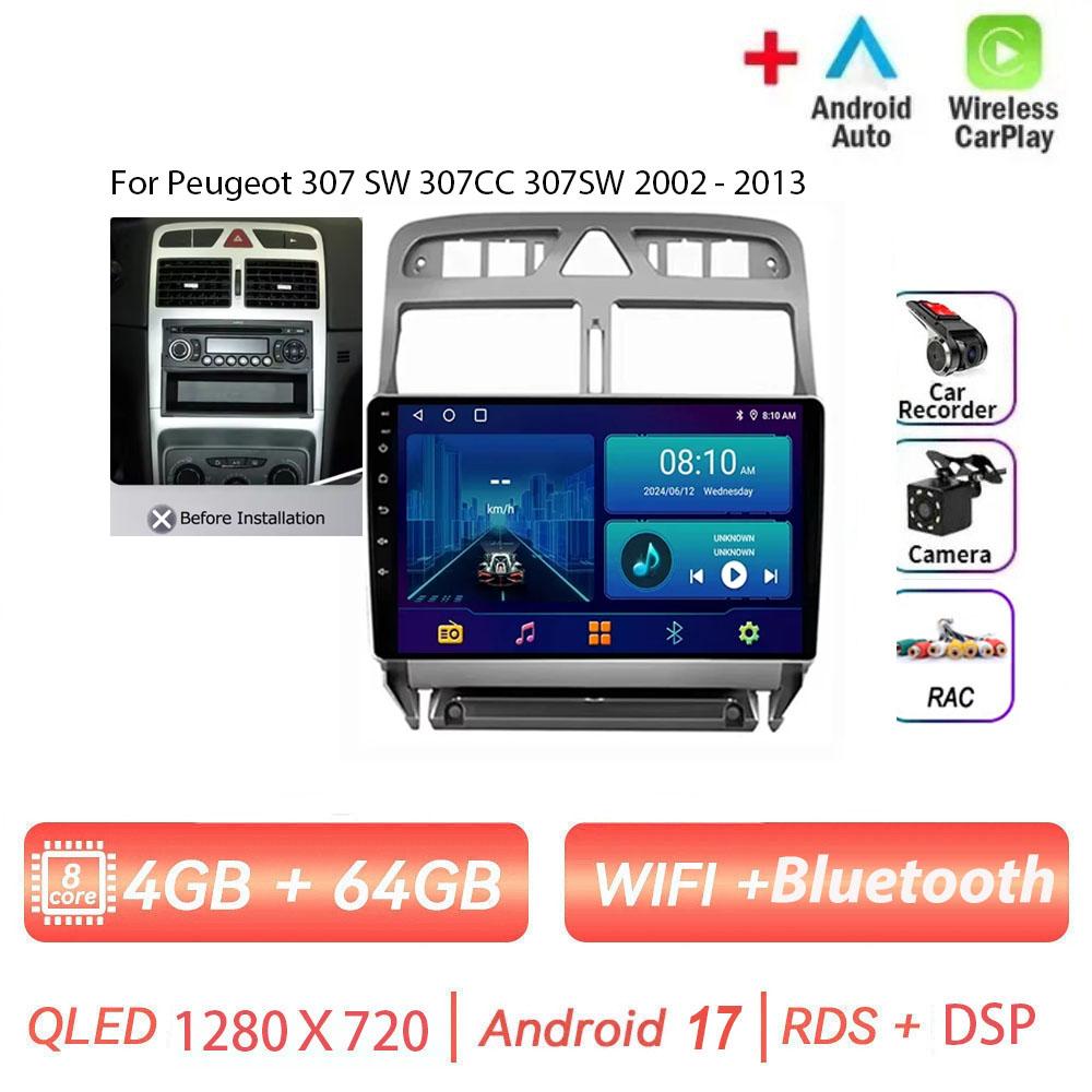 Autoradio Android 17 pour Peugeot 307 SW 307CC 307SW 2002 - 2013 Lecteur Vidéo Multimédia Navigation GPS Carplay Auto Head Unit