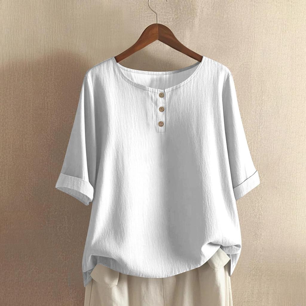 Women's Fashionable And Casual Shirt Half-sleeve Round Neck Solid-color Cotton And Linen Blouse Top