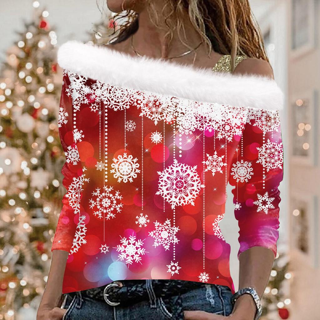 Women's Casual Long Sleeve Slouchy Christmas Printed Plush Fashion Top