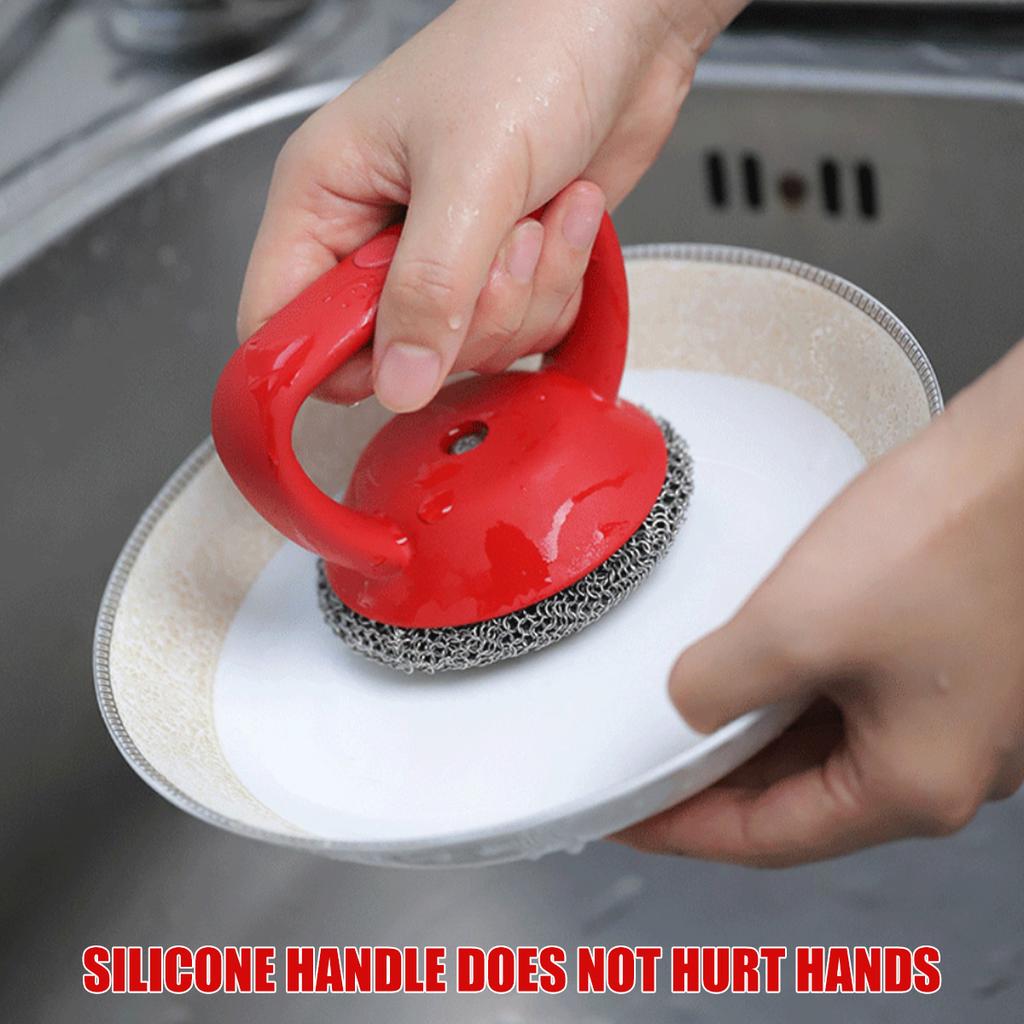 Cast Iron Scrubber 316 Stainless Steel Cast Iron Scrubber with Handle Steel Wool Scrubber Round Chainmail Scrubber Brush