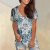 Women's Fashion Pocket V-neck Short Sleeve Plant Floral Print T-shirt Top