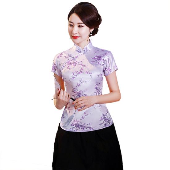 Женская рубашка Cheongsam в китайском стиле с принтом сливы, лето-осень, изысканный топ с пряжками и воротником-стойкой для свадьбы