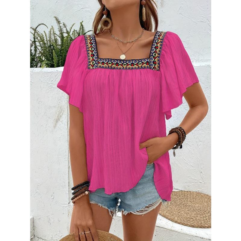 Женская летняя праздничная кружевная вышитая рубашка с квадратным вырезом, пуловер с оборками, короткий рукав, открытая спина, блузка