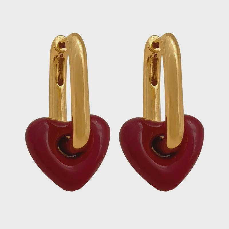 High-Grade Wine Red Heart Necklace & Earrings - Copper Plated, Real Gold, Simple Hong Kong Style Clavicle Chain